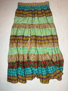 Zara Multicolor Boho Patchwork Tiered Maxi Skirt S Tassel Festival